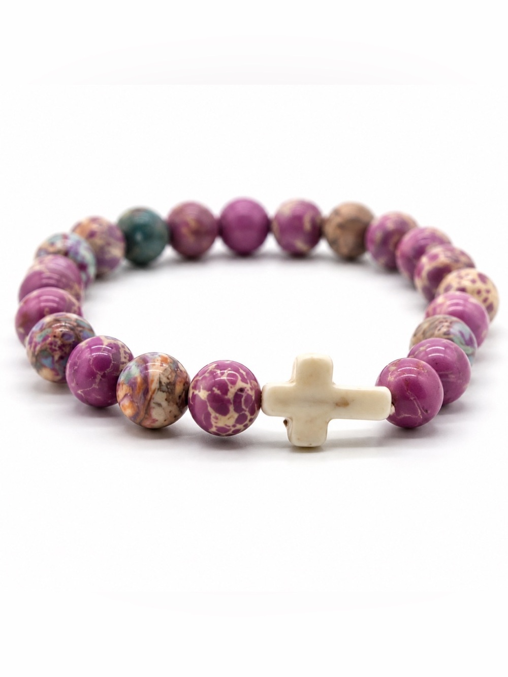 CaliGirl Faith & Bloom Purple Marbled Stone Bead Cross Stretch Bracelet